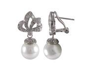 Dlux Jewels 10 mm Shell White Pearl Dangling Rhodium Plated Sterling Silver Cubic Zirconia Post Clip Earrings 1.04 in.