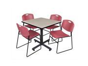 Regency TKB3636PL44BY 36 In. Square Laminate Table Maple Kobe Base With 4 Zeng Stacker Chairs Burgundy