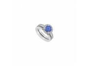 Fine Jewelry Vault UBUJS3176ABW14CZS CZ Created Sapphire Halo Engagement Ring With Wedding Band Sets in 14K White Gold