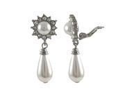 Dlux Jewels White Glass Faux Pearl with Crystals Pearl Teardrop Design Clip Earrings 1.65 in.