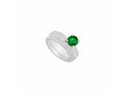 Fine Jewelry Vault UBJS297ABW14DE 14K White Gold Emerald Diamond Engagement Ring With Wedding Band Set 1.30 CT TGW 10 Stones
