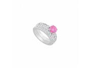 Fine Jewelry Vault UBJS227ABW14DPS 14K White Gold Pink Sapphire Diamond Engagement Ring With Wedding Band Set 1.50 CT TGW 8 Stones