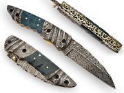 Browning Hand Crafted Folding Knife Damascus Steel Blade and Bolsters Green Color Bone Handle