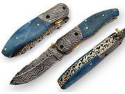 SLAM ER Pocket Knife Damascus Steel Blade Blue Bone handle