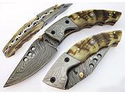 Alligator Shape Pocket Knife Damascus Steel Blade Ram Horn Handle