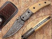 Colonel Pocket Knife Damascus Steel Blade Bone Handle