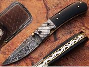 Desert Bull Pocket Knife Damascus Steel Blade Horn Handle