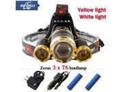 White light yellow light 10000 lumens 3T6 LED Headlamp headlights CREE XML T6 front head lamp 18650 Rechargeable Battery 2016
