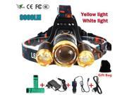 Led headlight White light yellow headlamp 10000 lumens 3T6 CREE XML T6 Searchlight lights 18650 battery head flashlight torch