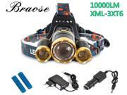 10000 Lumen CREE XM L 3XT6 LED Adjust Focus Headlamp Headlight Caming Hunting HeadLight Lamp 4 Modes 2* Battery AC Car Charger