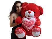 Giant Soft Red Teddy Bear 30 Inches Holding Floral Design Heart Pillow Gift of Love