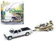 2002 Chevrolet Silverado Pickup Truck White with Boat and Trailer Gone Fishing 1 64 Diecast Model by Johnny Lightning