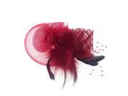 Fashion Women s Flower Feather Mesh Net Fascinator Beaded Cocktail Headwear with Hair Clip and Brooch Crimson