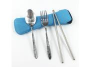 KaLaiXing® 3pcs Set Portable Stainless Steel Dinnerware Tableware Set Spoon Fork Chopsticks with Pull Chain Case blue