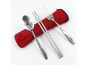KaLaiXing® 3pcs Set Portable Stainless Steel Dinnerware Tableware Set Spoon Fork Chopsticks with Pull Chain Case red