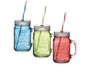 Kabalo Retro Glass Coloured Cocktail Drinking Handled Jam Jars with Lids Straws x 3