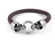 Mens Skull Brown Leather Bracelet Genuine Leather Wristband Bangle with Stainless Steel