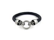 Mens Skull Black Leather Bracelet Genuine Leather Wristband Bangle with Stainless Steel
