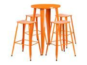 24 Round Orange Metal Indoor Outdoor Bar Table Set with 4 Backless Saddle Seat Barstools