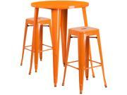 30 Round Orange Metal Indoor Outdoor Bar Table Set with 2 Square Seat Backless Barstools