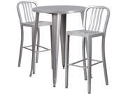 30 Round Silver Metal Indoor Outdoor Bar Table Set with 2 Vertical Slat Back Barstools