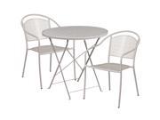 30 Round Light Gray Indoor Outdoor Steel Folding Patio Table Set with 2 Round Back Chairs