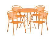 30 Round Orange Indoor Outdoor Steel Folding Patio Table Set with 4 Round Back Chairs