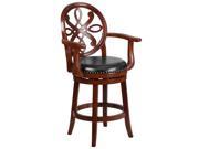 26 High Cherry Wood Counter Height Stool with Arms and Black Leather Swivel Seat
