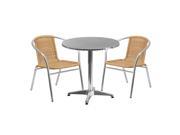 27.5 Round Aluminum Indoor Outdoor Table with 2 Beige Rattan Chairs