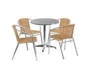 27.5 Round Aluminum Indoor Outdoor Table with 4 Beige Rattan Chairs