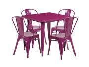 31.5 Square Purple Metal Indoor Outdoor Table Set with 4 Stack Chairs