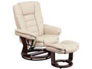 Flash Furniture Contemporary Beige Leather Recliner And Ottoman With Swiveling Mahogany Wood Base [BT 7818 BGE GG]