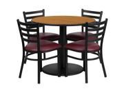 36 Round Natural Laminate Table Set with 4 Ladder Back Metal Chairs Burgundy Vinyl Seat