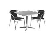 31.5 Square Aluminum Indoor Outdoor Table with 2 Black Rattan Chairs