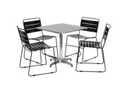 27.5 Square Aluminum Indoor Outdoor Table with 4 Black Metal Stack Chairs