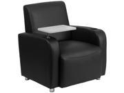 Black Leather Guest Chair with Tablet Arm Chrome Legs and Cup Holder