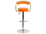 Contemporary Orange Vinyl Adjustable Height Barstool with Arms and Chrome Base