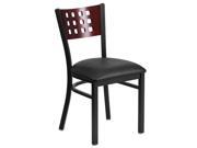 HERCULES Series Black Decorative Cutout Back Metal Restaurant Chair Mahogany Wood Back Black Vinyl Seat