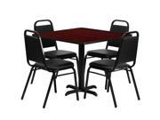 36 Square Mahogany Laminate Table Set with 4 Black Trapezoidal Back Banquet Chairs
