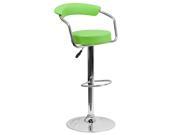 Contemporary Green Vinyl Adjustable Height Barstool with Arms and Chrome Base