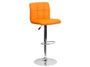 Contemporary Orange Quilted Vinyl Adjustable Height Barstool with Chrome Base