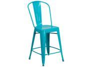 24 High Crystal Teal Blue Metal Indoor Outdoor Counter Height Stool with Back