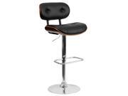 Walnut Bentwood Adjustable Height Barstool with Button Tufted Black Vinyl Upholstery