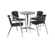 23.5 Round Aluminum Indoor Outdoor Table with 4 Black Rattan Chairs