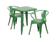23.75 Square Green Metal Indoor Outdoor Table Set with 2 Arm Chairs