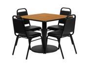36 Square Natural Laminate Table Set with 4 Black Trapezoidal Back Banquet Chairs