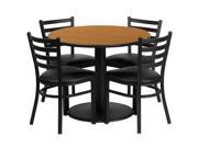 36 Round Natural Laminate Table Set with 4 Ladder Back Metal Chairs Black Vinyl Seat