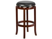 29 High Backless Light Cherry Wood Barstool with Black Leather Swivel Seat