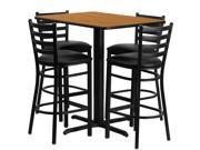 24 W x 42 L Rectangular Natural Laminate Table Set with 4 Ladder Back Metal Barstools Black Vinyl Seat