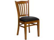 HERCULES Series Cherry Finished Vertical Slat Back Wooden Restaurant Chair Black Vinyl Seat